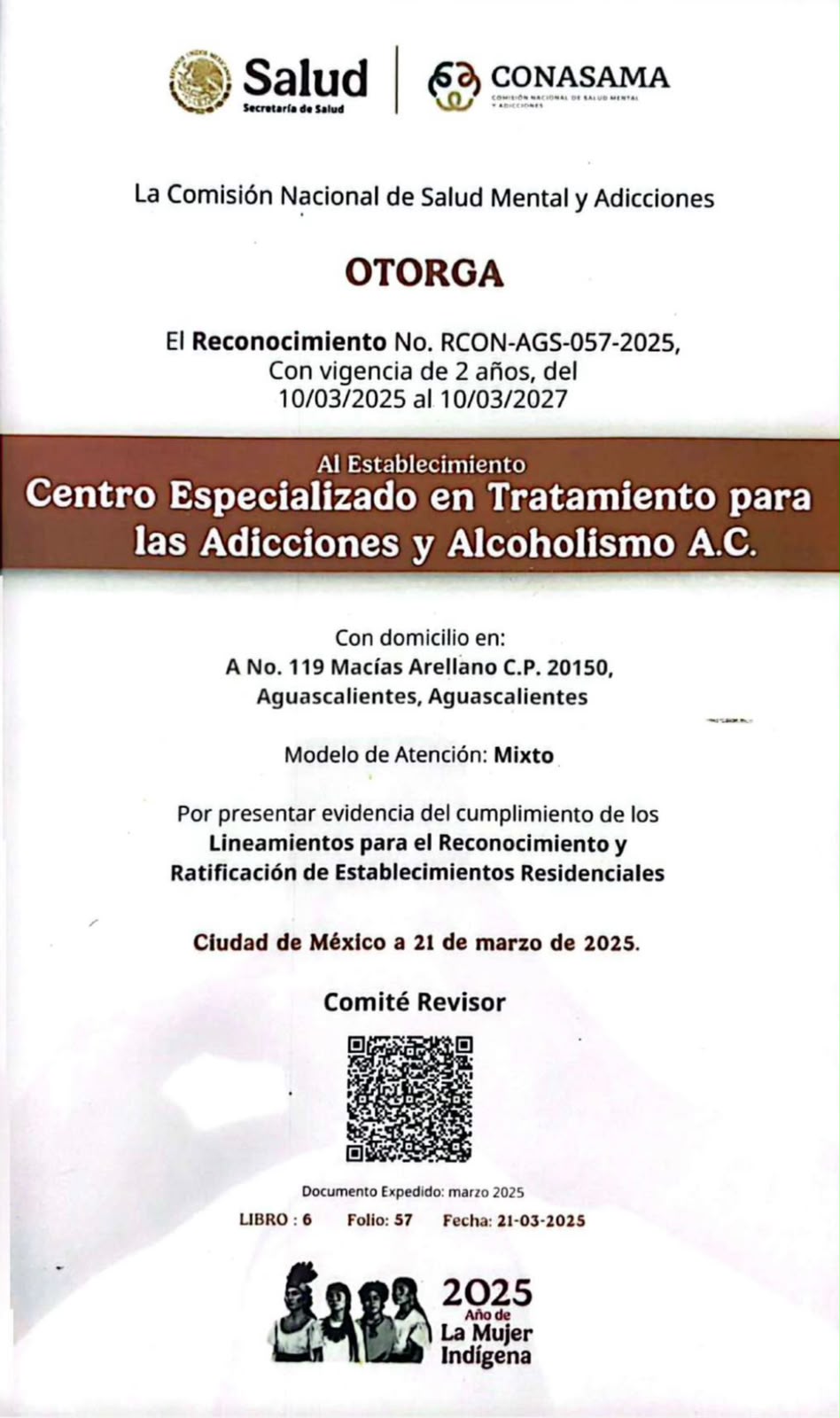 Reconocimiento CONASAMA No. RCON-AGS-057-2025 otorgado a CETAA A.C.