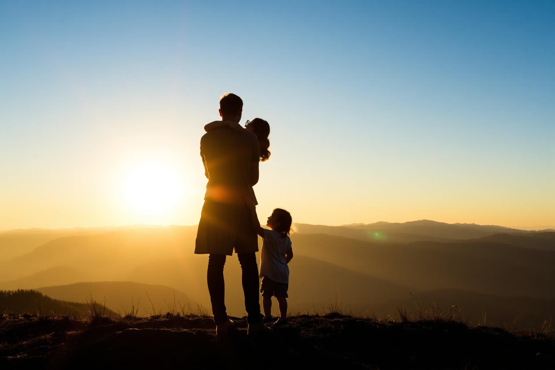 Familia contemplando un amanecer, símbolo de esperanza y nueva oportunidad